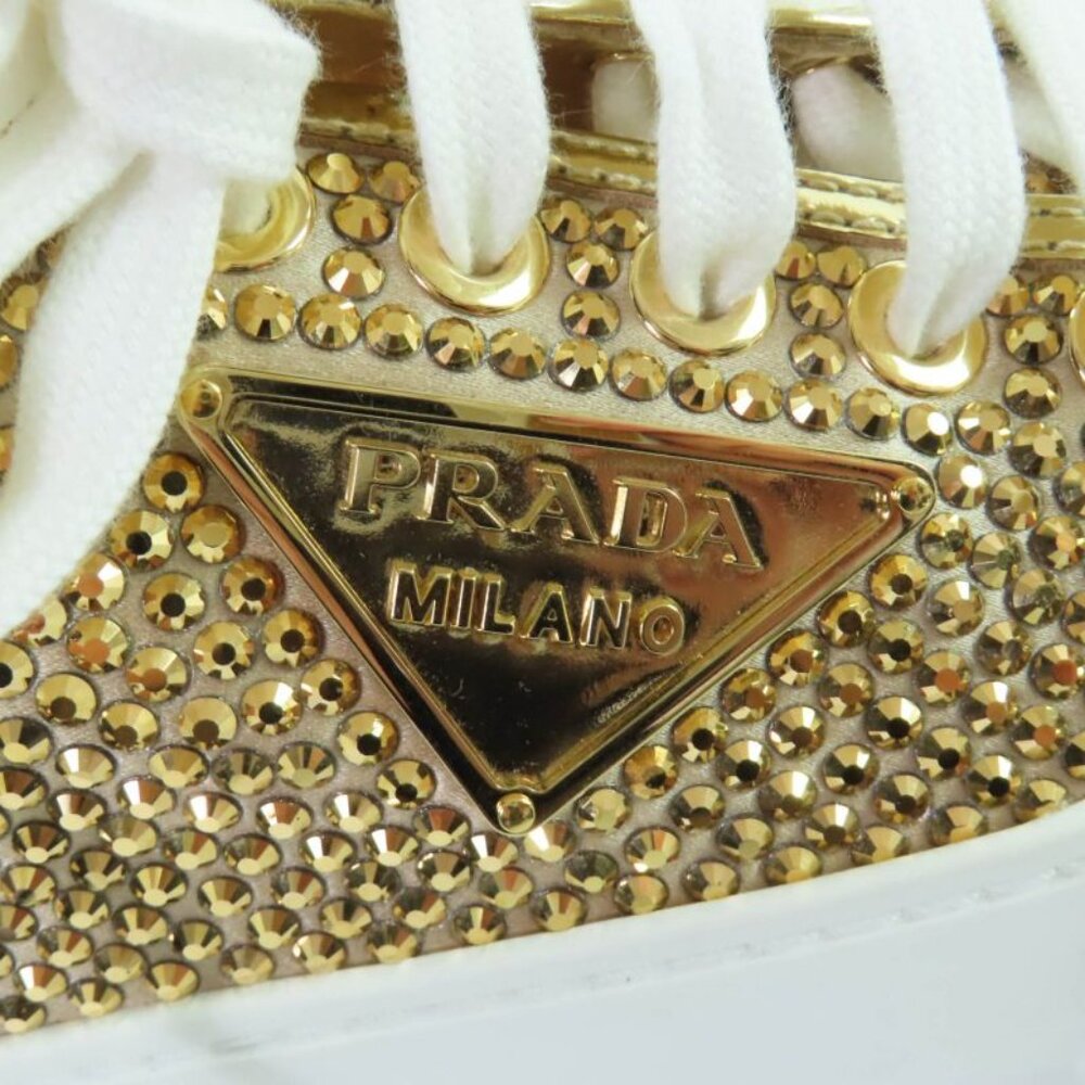 Prada Double Wheel Triangle Logo with Rhinestone Leather Low Cut Sneakers Gold - Picture 9 of 11